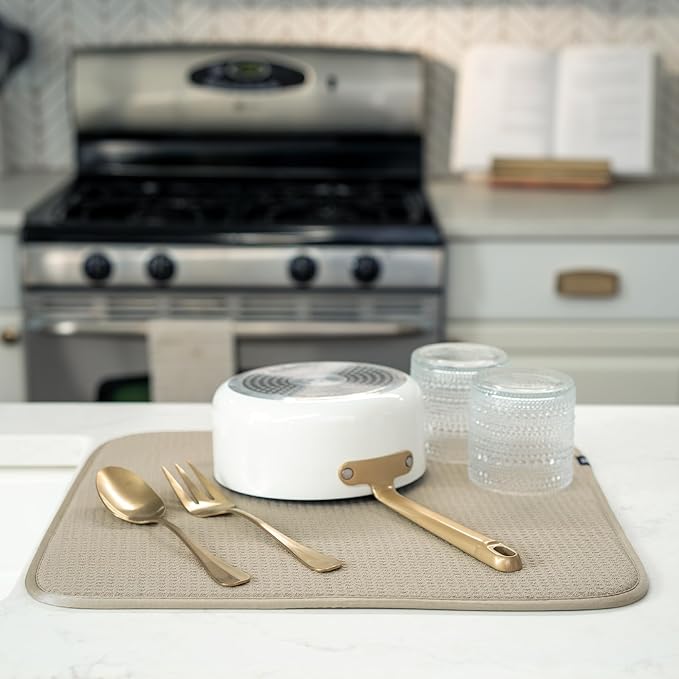 S&T INC. Dish Drying Mat 2 Pack, 16” x 18”, Absorbent Microfiber Kitchen Counter Mat, Dish Drying Pad for Dishes, Utensils, Pots and Pans, Large, Pure Cashmere