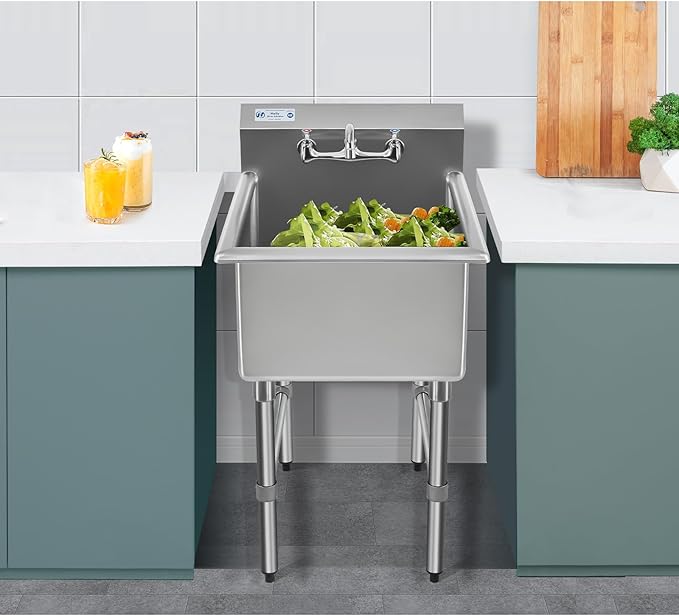 HALLY Commercial Stainless Steel Sink 1 Compartment NSF Prep & Utility Sink with 8" Faucet 18" L x 18" W x 12" D Bowl for Bar, Restaurant, Kitchen, Hotel and Home