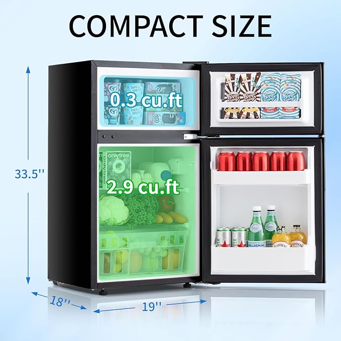 Compact Refrigerator 3.2 Cu.Ft Mini Fridge with Freezer, 7-Temperature Settings Double Door Compact Refrigerator, Adjustable Thermostat & Removable Shelves for Dorm Apartment (2 Door)