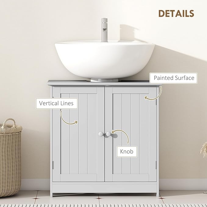 HOMCOM Under Sink Bathroom Cabinet, Pedestal Sink Storage Cabinet with 2 Doors, Shelf and U-Shape, Light Gray