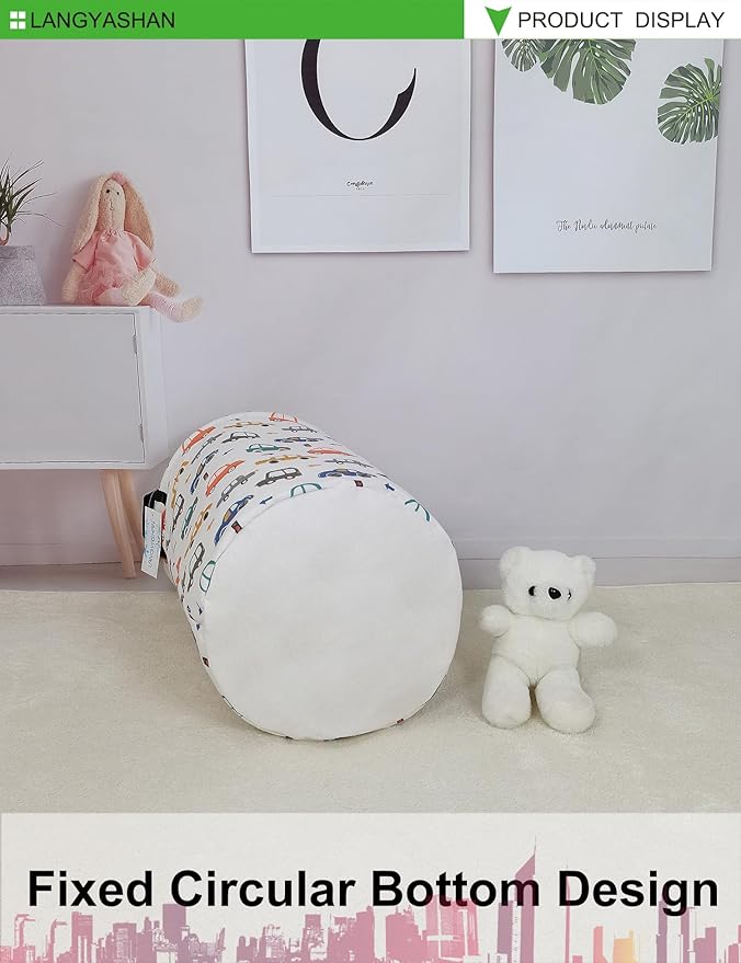 LANGYASHAN Laundry Basket Canvas Fabric Collapsible Organizer Basket for Storage Bin Toy Bins Gift Baskets Bedroom Clothes Children Nursery Hamper (Round Color Cars)