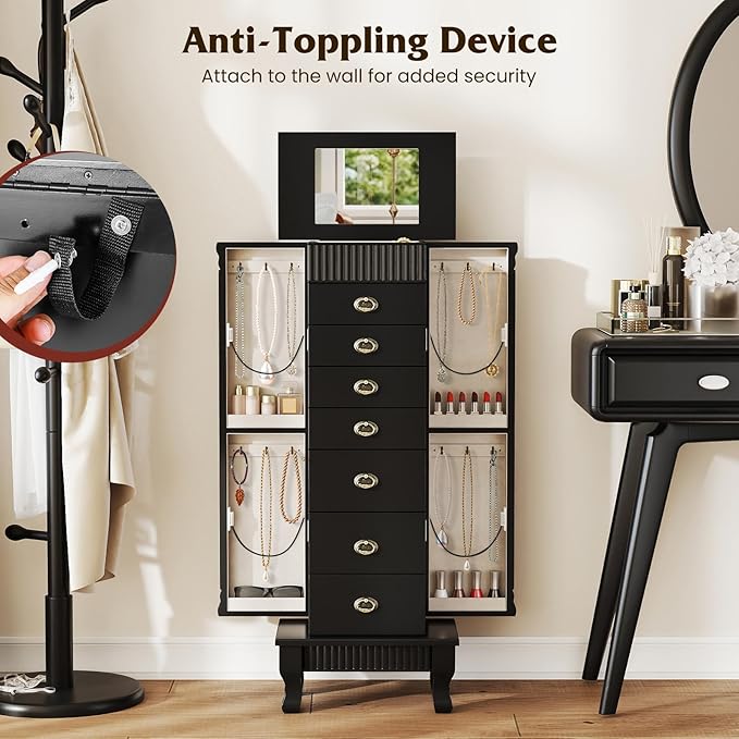 Giantex Standing Jewelry Cabinet with 7 Drawers, Flip-Top Mirror, 2 Side Doors with 12 Necklace Hooks, Divided Ring Compartments, Velvet-Lined Jewelry Armoire Organizer Chest (Black)
