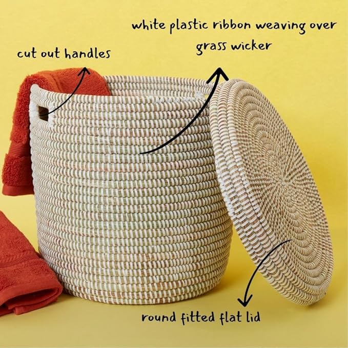 Small White Storage Basket - Laundry Hamper, Baby Nursery Toys Bin, Living Room Blankets Storage, Towels Holder, Organizing, Decorative - Wicker, Woven, Lid, Handles