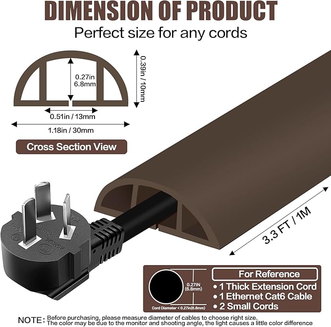 Floor Cord Cover Cable Cavity Self Adhesive Cord Hider Floor 3.3FT Floor Cable Management Power Cord Protector Floor Electric Cord Covers for Offices, Gym, Exhibitions (CoffeeBrown, 1.18" x 3.3')