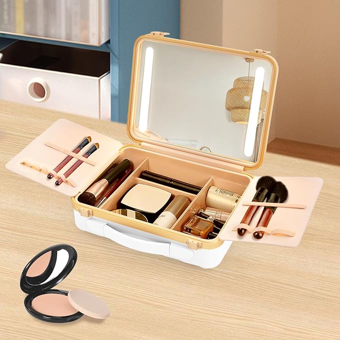 Portable Makeup Box, 11.42 * 3.54 * 8.66 In Travel Makeup Train Cases Cosmetic Organizer Portable Make Up Storage Box with Led Mirror for Makeup Artists Hair Stylists Nail Technicians (White)