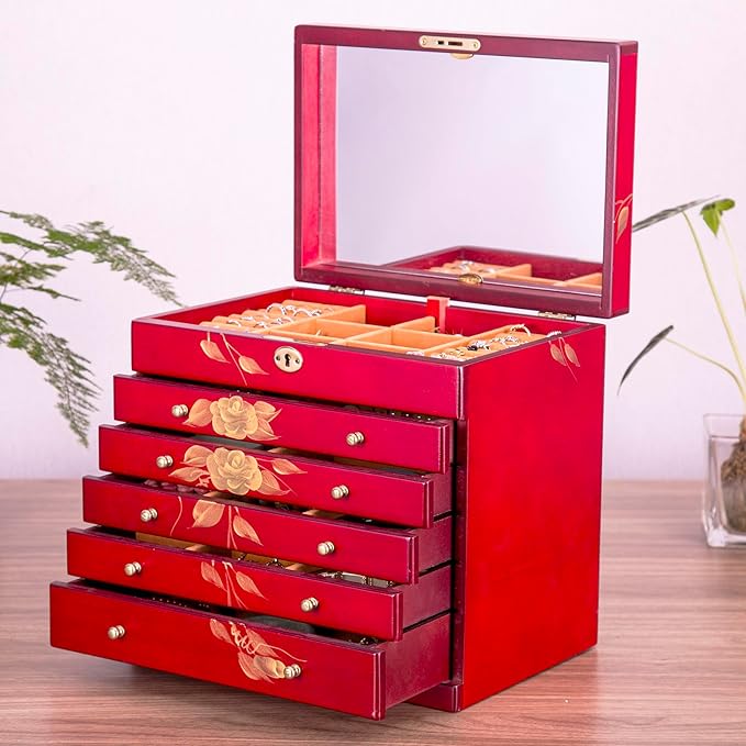 Hand-drawn rose wood jewelry box 6-Layer Jewelry Organizer for women,Large capacity jewelry storage box with lock in red color,store glasses,watches,necklaces,rings,earrings