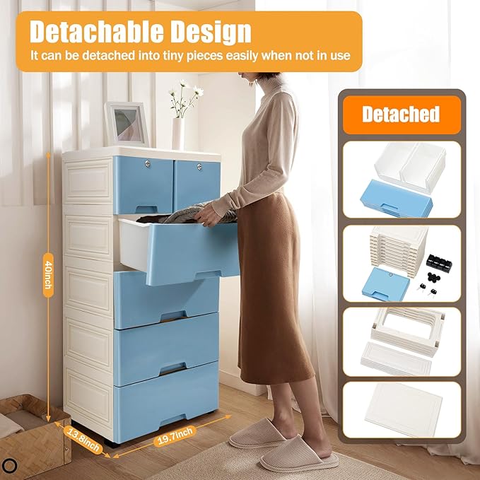 5-Layers Plastic Dresser with 6 Drawers Movable Chest of Drawers Locked Storage Cabinet Craft Organizers and Storage for Bedroom Entryway Hallyway, 19.7’’ W*13.8’’ D*40’’ H (Blue)