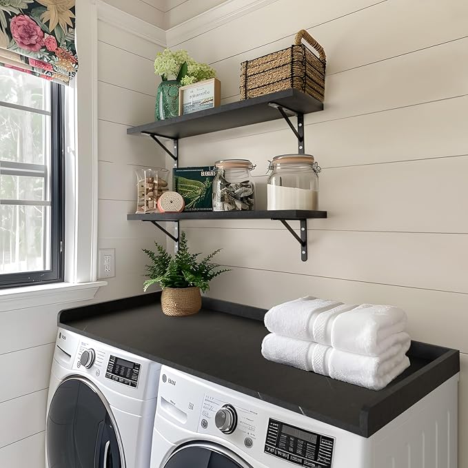 Kaboon Washer Dryer Countertop, Melamine Countertop with Edge Rails - 27.5" Depth x 54" Width Laundry Room Organization, Cloud Atlas/Black Marble Pattern
