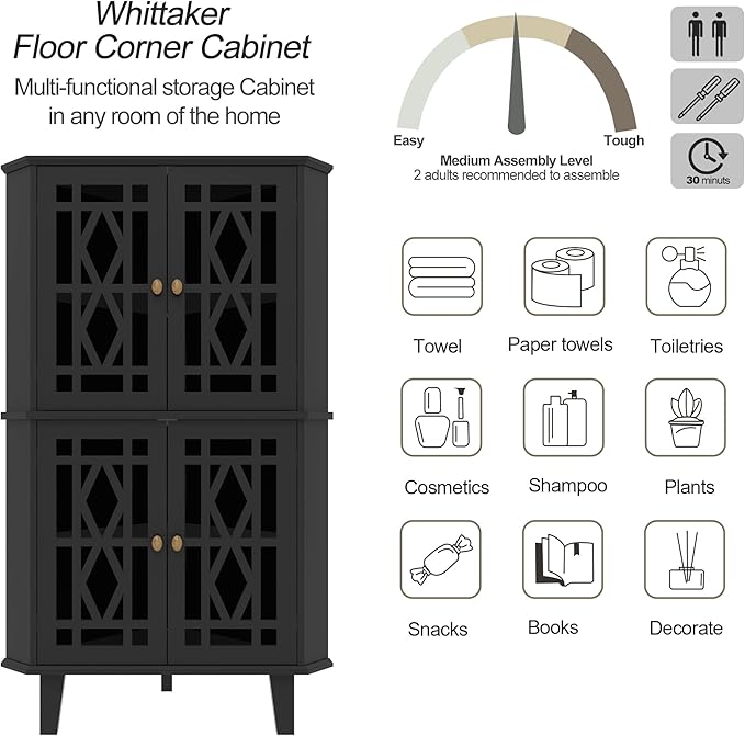 Scurrty Tall Corner Shelf Stand, Large Shelf Corner Table Sideboard Cabinet with 4 Doors and 4-Tier Shelves, Free-Standing Storage Organizer for Living Room, Dining Room & Bathroom (Black)