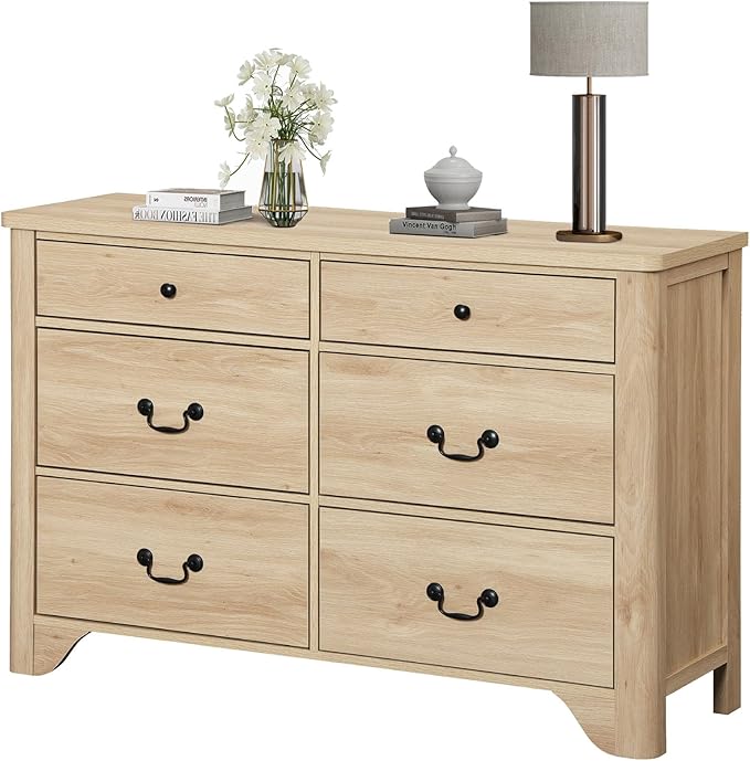 WAMPAT Dresser for Bedroom with 6 Drawers, 47.2" Wide Farmhouse Dressers Chests of Drawers with Curved Profile Design, Wood Closet Organizer for Bedroom, Hallway, Oak