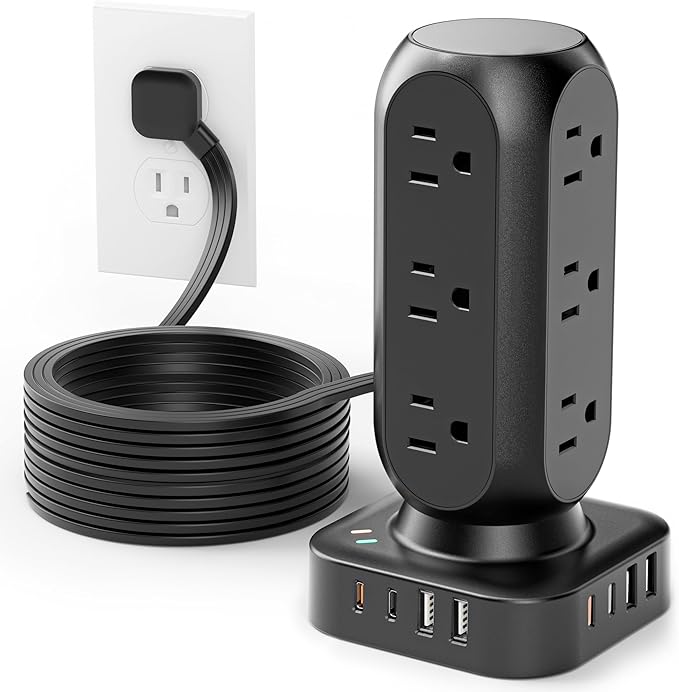 Dual PD 20W Power Strip Tower, TenTrend Surge Protector Power Strip with 12 AC Outlets & 8 USB Ports (4 USB C), 40W Desk Fast Charging Station, 10FT Flat Plug Extension Cord for Desk Office Dorm Room
