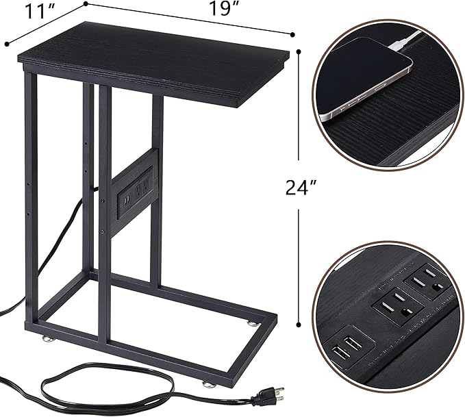 VECELO C Shaped End Side Table with Charging Station & Power Outlets for Couch Sofa/Bed, Snack TV Tray with Metal Frame for Living Room Bedroom 1 PCS, Black