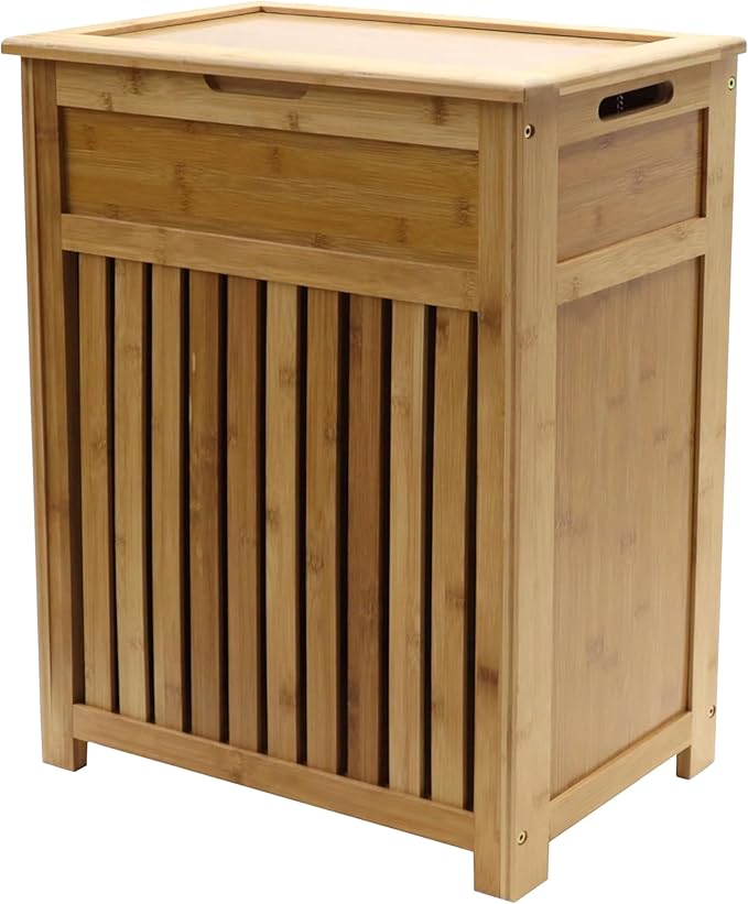 Redmon Bamboo Top Load Full Size Clothes Hamper, Side Handles, Double Hinged Lid and Decorative Stop