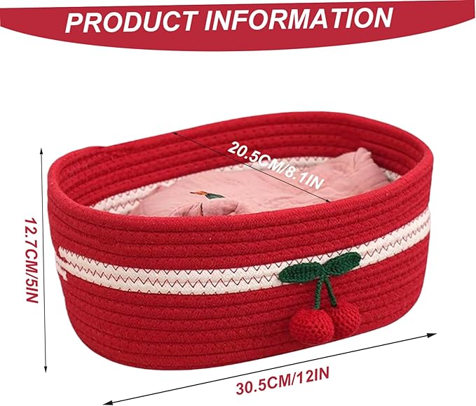 Organizer Baskets 12x8in Rectangle Cozy Woven Cherry Cute Basket Stackable Small Storage Bins for Kids Pets Toy Shelves