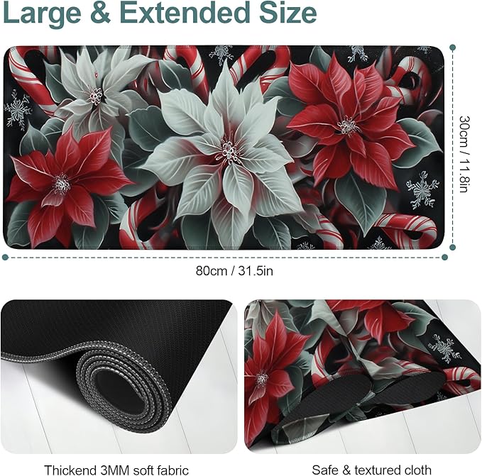 Christmas Flowers Gaming Mouse Pad 31.5"x11.8"Desk Mat Anti-Slip Rubber Base & Durable Stitched Edges for Gamers Smooth Mouse Writing Surface for Desk Office/Home