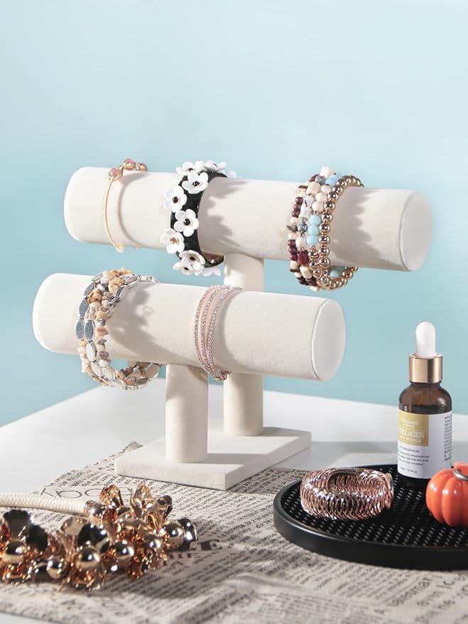 T-Bar Bracelet Holder Stand, Bracelet Jewelry Organizer Stand, Bangle Bracelet Watch Display for Selling, Scrunchie Hair Ties Jewelry Storage Rack for Women (2 tier beige)