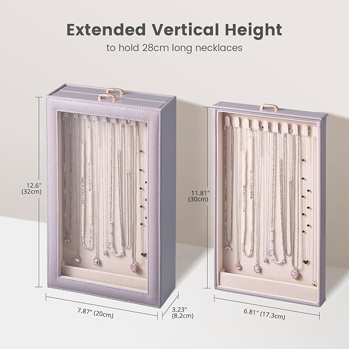 Lolalet Necklace Organizer Box, 2-Layer Jewelry Storage Boxes with Clear Lid for Necklaces, Tangle-Free Necklace Display Case for Women Girls -Dusty Purple