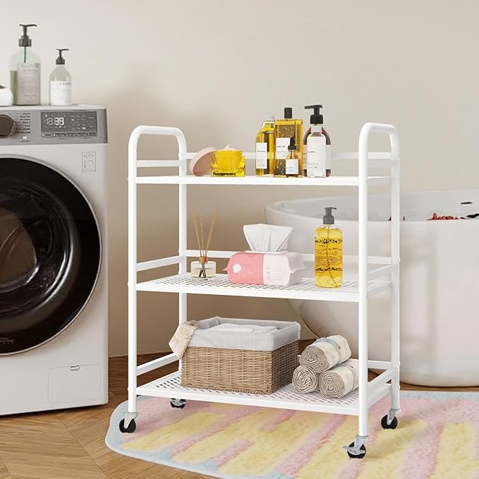 HDANI 3 Tier Metal Rolling Heavy Cart Supports 40 Lbs Per Tier,Mesh Rolling Cart with 2 Lockable Wheels for Office,Home,Bedroom,Kitchen,Bathroom(White)