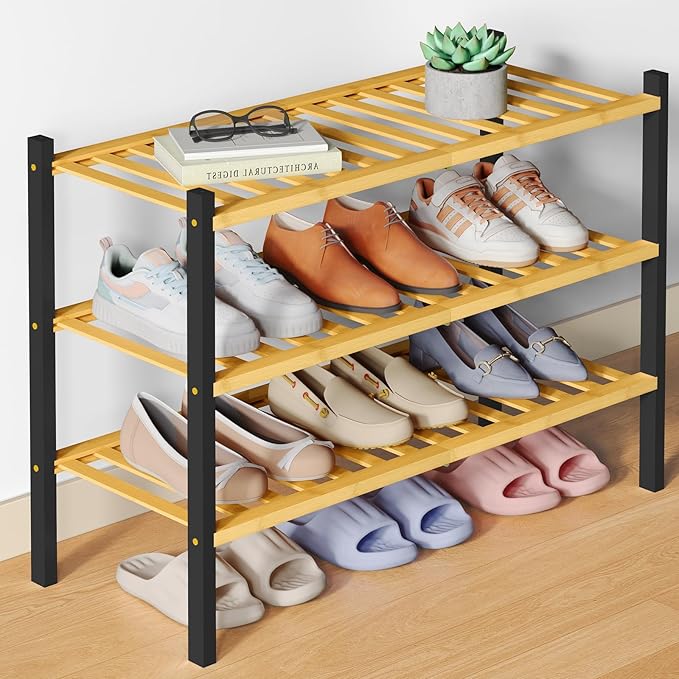 Smiry Bamboo Shoe Rack for Closet, 3 Tier Wooden Stackable Shoe Organizer, Free Standing Shoes Storage Shelf for Entryway, Front Door Entrance, Natural & Black