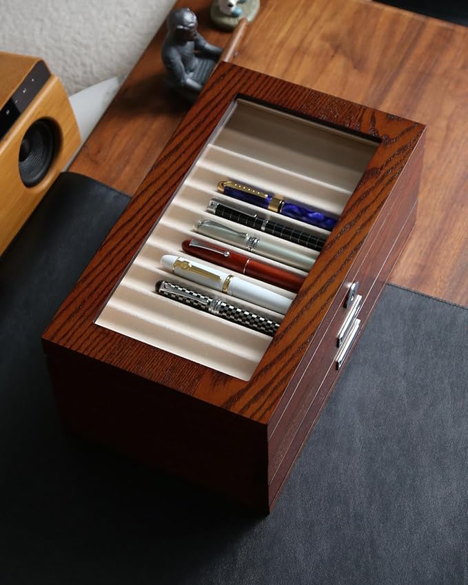 wood pen display case 36 slot Fountain pen Box storage Organizer with drawer, Top Glass Window Pen Collection Display Case