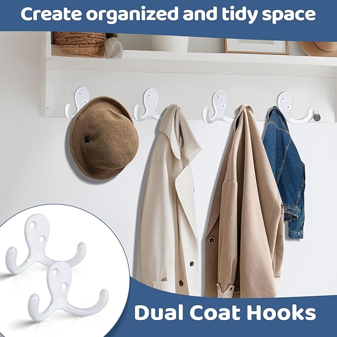 25 Pack Coat Hooks Wall Hooks for Hanging, Heavy Duty Double Prong Metal Hook Wall Mounted for Living Room, Bathroom, Kitchen, Bedroom for Coat, Bag, Scarf, Towel, Hat, Key, Cup (White)