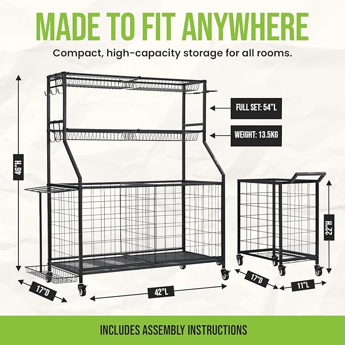 SpaceWise Sports Equipment Organizer – Garage Ball Storage Rack with Hooks, Baskets, Wheels & Detachable Portable Side Cart, Golf Organizer, Gym Equipment & Toy Storage Solution, Charcoal Finish