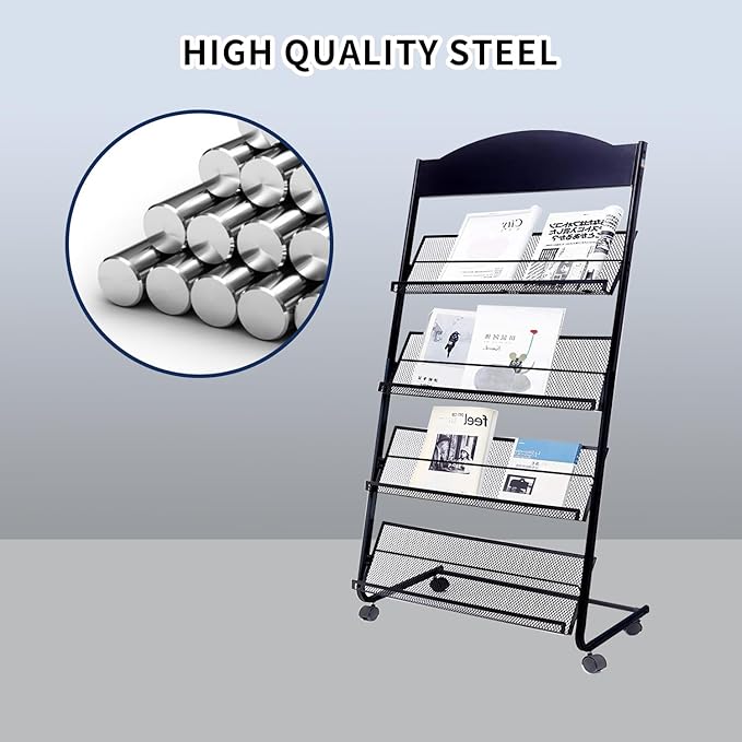Floor Standing Magazine Rack,The Wheels with Locking 4 Tier Document Display Rack for Exhibition Office Shopping Mall Waiting Room and Other Places （BLACK