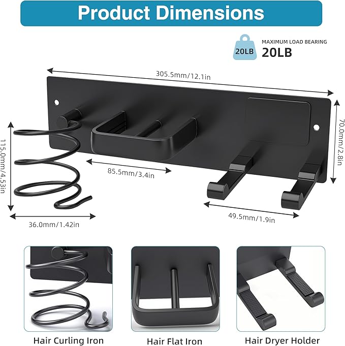 Hair Dryer Holder Blow Dryer Holder for Wall Mount Curling Iron Holder Flat Iron 3 in 1 Bathroom Hair Tool Organizer Rack, Matte Black