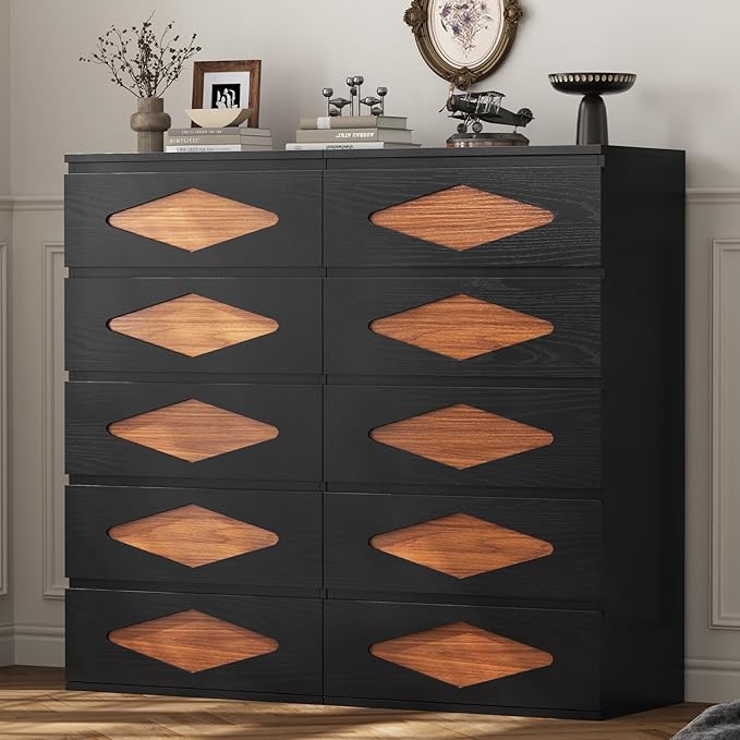 Tall Dresser for Bedroom, 5 Chest of Wooden Drawers, Vintage Dresser, Closet Storage Dressers Organizer for Bedroom, Living Room, Hallway (Black+Brown)