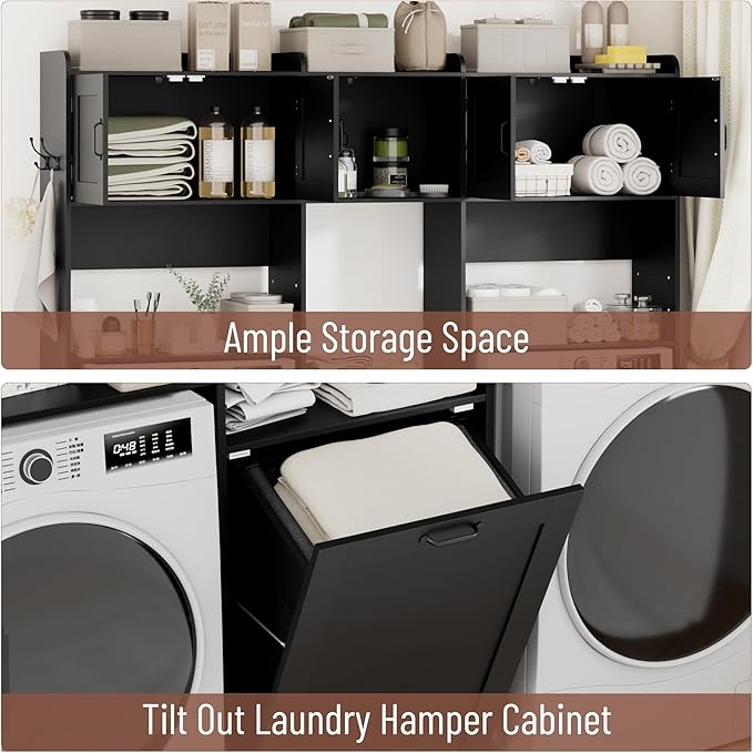 Over The Washer and Dryer Storage Cabinet, Laundry Room Organizer Standing Shelf with Tilt-Out Laundry Hamper Cabinet and Hooks, Space Saving Laundry Room Cabinets