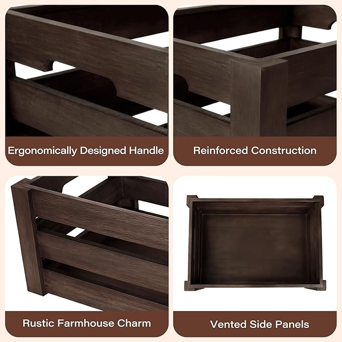Rustic Wooden Storage Crates Set of 3 with Handles – Farmhouse Decorative Nesting Boxes for Organizing, Shelves & Tabletop Display (L/M/S)