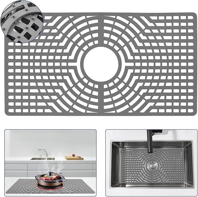 Silicone Sink Protector 24"x12" Center Drain Hole, Heat Resistant Non-slip Dishwasher Suitable, Large Mat for Bottom of Farmhouse Kitchen Stainless Steel Sink (Grey)