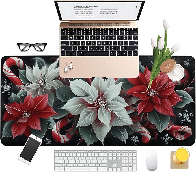 Christmas Flowers Gaming Mouse Pad 35.4"x15.7"Desk Mat Anti-Slip Rubber Base & Durable Stitched Edges for Gamers Smooth Mouse Writing Surface for Desk Office/Home