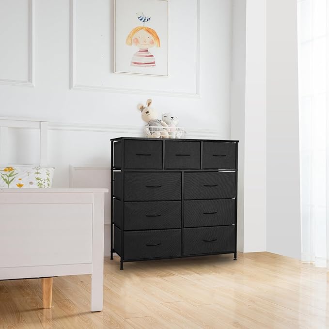 Dresser for Bedroom with 9 Drawers, Chest of Drawers, Storage Drawers Organizer Unit, Black Wide Fabric Dresser with Fabric Bins for Closet, Living Room, Entryway (Charcoal Black)
