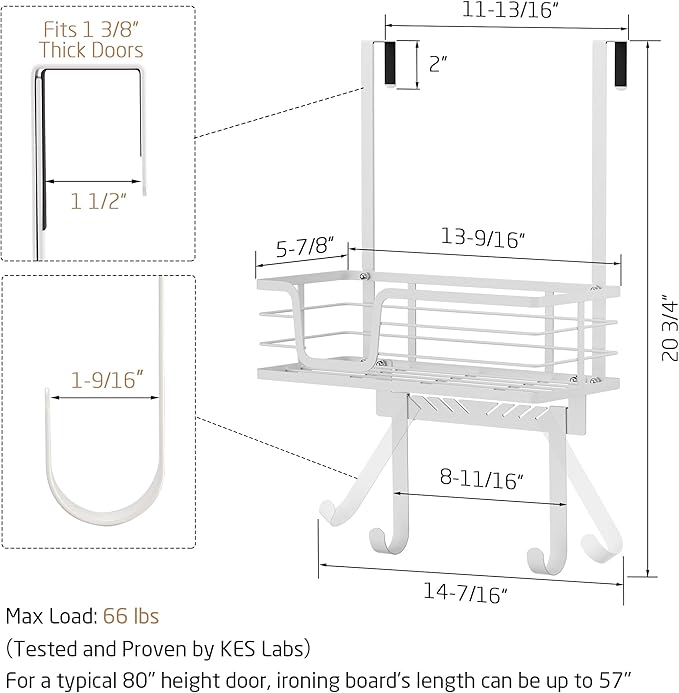 KES Over The Door Ironing Board Holder, Ironing Board Hanger Over Door Organizer with Storage Shelf Y and T Shaped Fits for 1 3/8 Doors White, HIR501A-WH