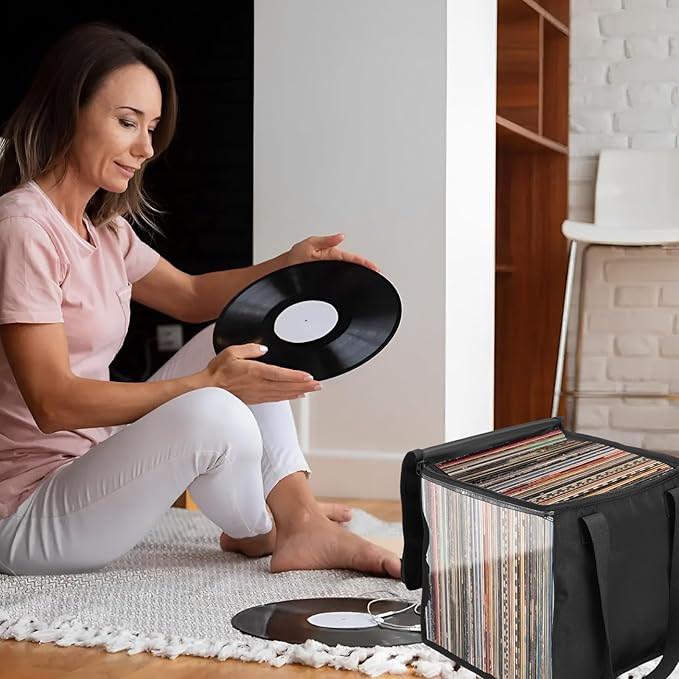 1/4 Pcs Vinyl Record Storage Box with Lid and Handles, Oxford Cloth Record Album Storage Crate, Foldable and Stackable Record Organizer Storage Case for Collecting Valuable Album (2PCS)