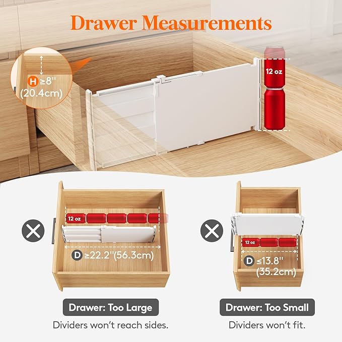 Lifewit 8" High 4 Pack Deep Drawer Dividers, 13.8-22.5" Adjustable Dresser Drawer Divider, White Drawer Organizer for Clothes, Tall Drawers Separators for Dresser, Kitchen, Bedroom, Cabinet, Office