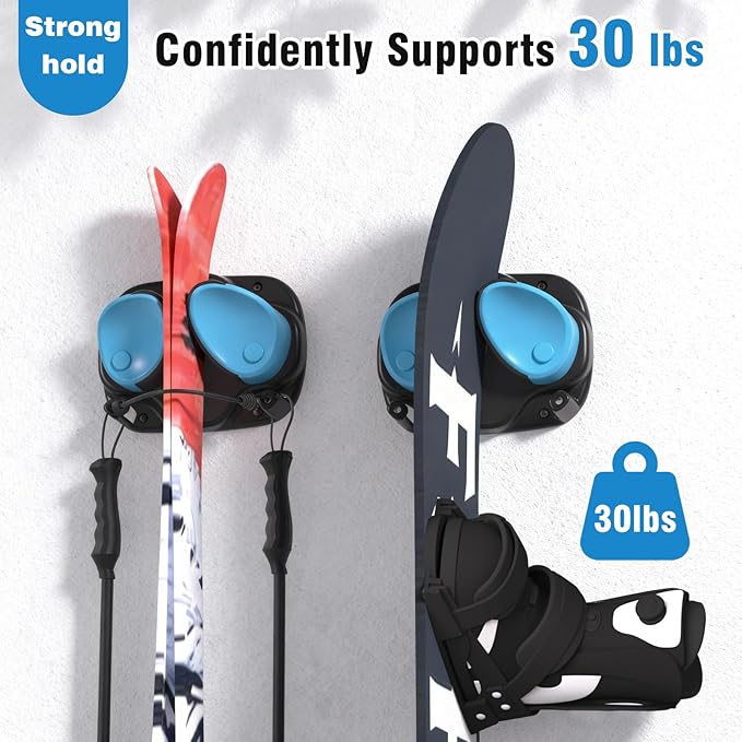 WDZREE Ski & Snowboard Wall Rack for Garage, Fits Any Ski or Board, Ski Wall Mount Garage Organization Holders, Damage-Free Storage Rack, Space-Saving Clamp Winter Gear Organizer, Blue (2 Pack)