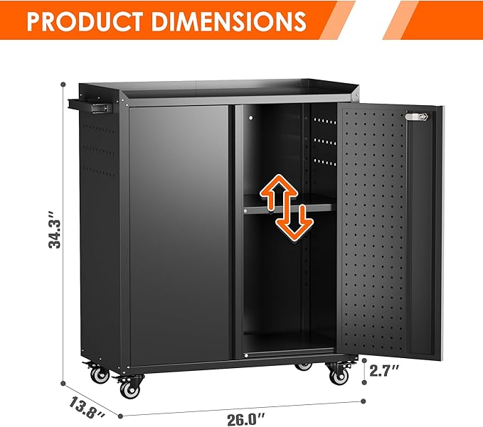 Aobabo 2 Door Metal Tool Storage Cabinet with Wheels, Locking Steel Rolling Tools Chest Garage Storage Cabinet with 1 Shelves, Assembly Required