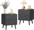 CARPETNAL Fluted Nightstand Set of 2, Black Bedside Table with 2 Drawers and Gold Handles, Wood End Table Mid Century Night Stands for Bedroom Living Room