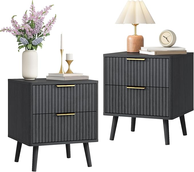 CARPETNAL Fluted Nightstand Set of 2, Black Bedside Table with 2 Drawers and Gold Handles, Wood End Table Mid Century Night Stands for Bedroom Living Room