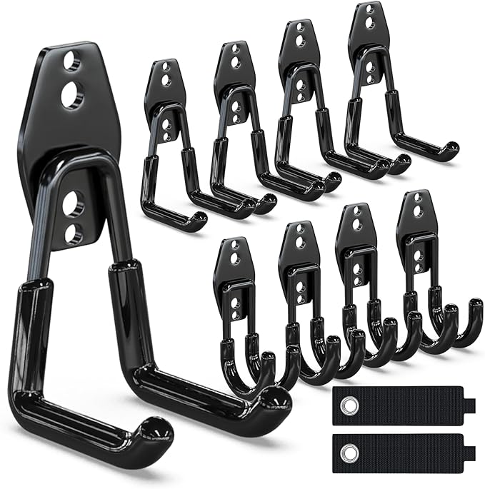 3-H Heavy Duty Garage Hooks 10 Pack, Garage Wall Hooks with Extra Welding Spots,Wall Mount Storage Organizer for Hanging Garden Lawn Tools, Chair, Shovel, Blower (Black)