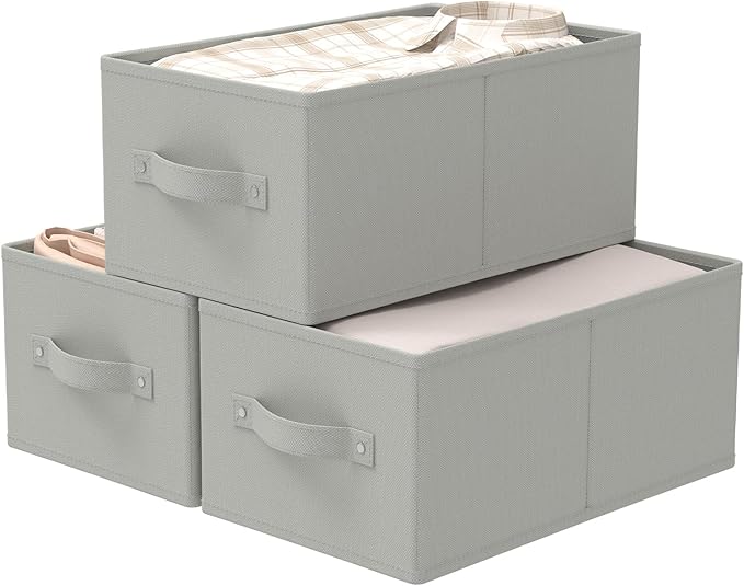Foldable Closet Organizer, 3 Pack Cube Storage Bin, Clothes Basket for Shelves with 2 Handles, Saving Space, Grey, 18.5 x 11 x 7.9 In, XSNY11GL-3