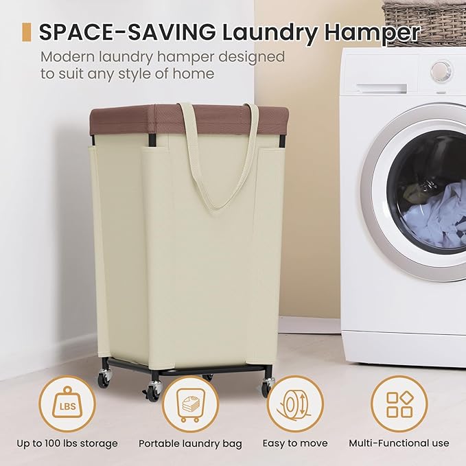Laundry Basket with Wheels, Laundry Hamper with Removable Bag and Steel Frame, 160L Rolling Dirty Clothes Basket for Bedroom, Bathroom, Laundry Room (White-Brown)