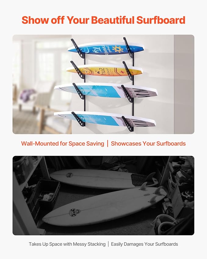 VEVOR Surfboard Wall Mount, 4 Tiers Horizontal Surfboard Rack for Storage and Display, Adjustable Height Metal Board Stand Organizer, Surf Board Holder for Snowboards, Kiteboards, Shortboard, Skis