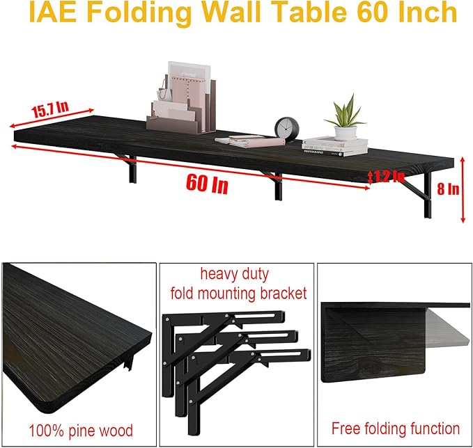 IAE Wall Mounted Folding Table with Pine Wood,60" x 16" Floating Wall Desk,Laundry Folding Table with Shelf Brackets,Fold Down Desk Shelf,Folding Workbench for Home,Dining,Laundry Room,Kitchen,Black