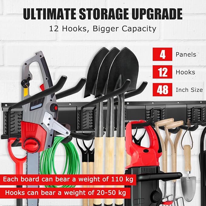 64 Inch Garage Tool Organizers Storage Rack System with 12 Hooks Wall Mount Tool Organizer for Garage Shed Yard Broom Shovel and Power Tool Holder