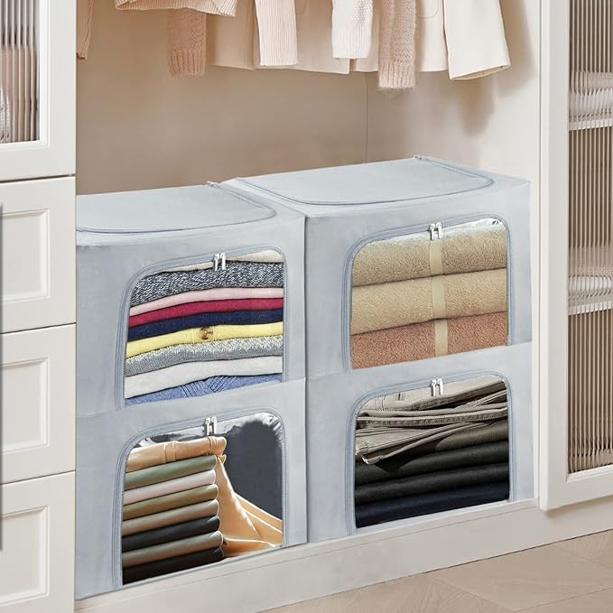 UUBEMM Clothes Storage Bins with Foldable Sturdy Frame,Stackable Storage Box for Closet Shelf Organizers for Seasonal Clothing,Blankets,Towel Bed Sheets,Toys Gift Others (Small -22L x3PACK, Grey)