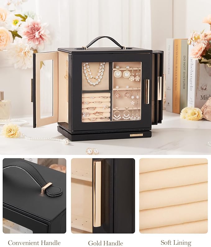 Homde Christmas Gifts Jewelry Box 360° Rotating, Necklace Earring Organizer with Transparent Window, Mirror, 7 Drawers, Large Ring Display Storage Case for Girls Women (Black)