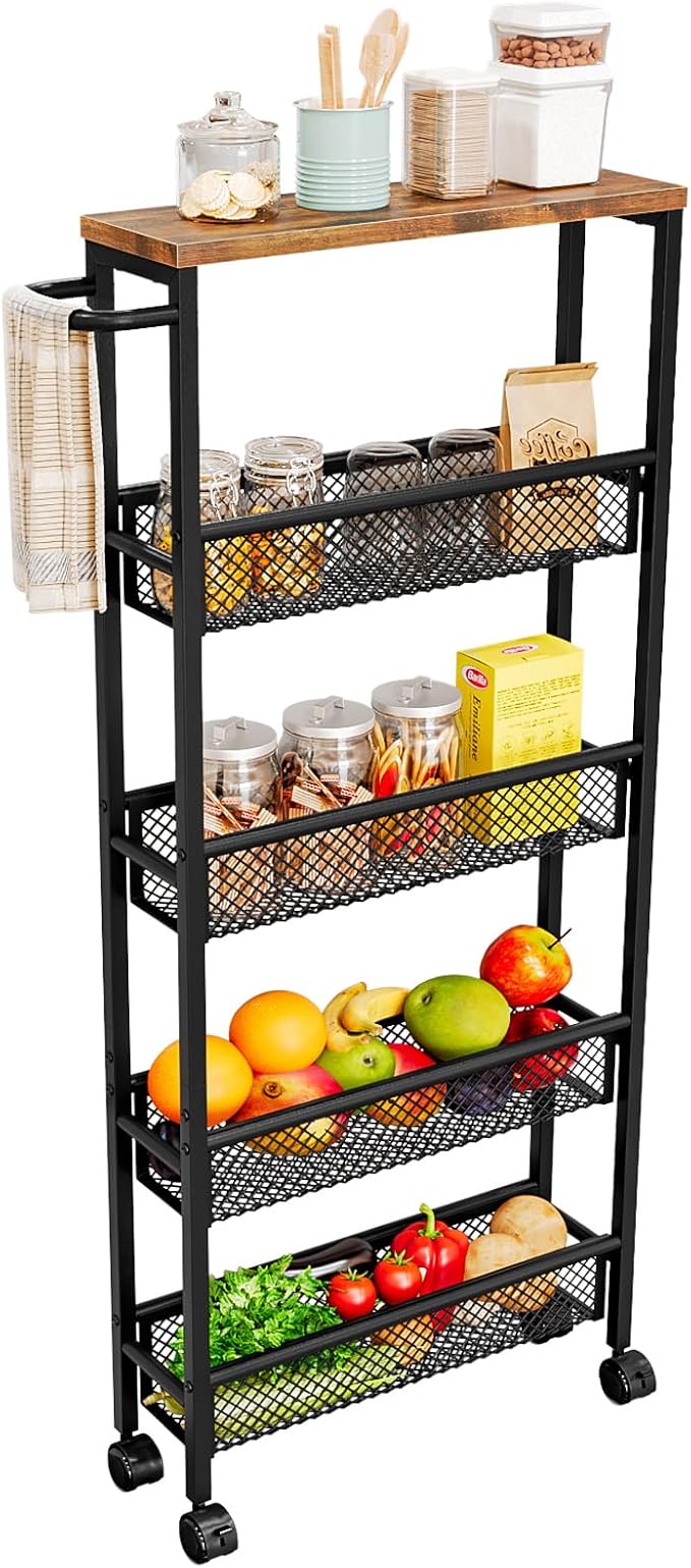 AZERPIAN Slim Rolling Cart 5 Tier Narrow Storage Cart on Wheels with MDF Board Top and Metal Handle for Small Space Kitchen Living Room Home Office Pantry Bathroom Laundry (16.38 x 5.12 x 39.17 inch)